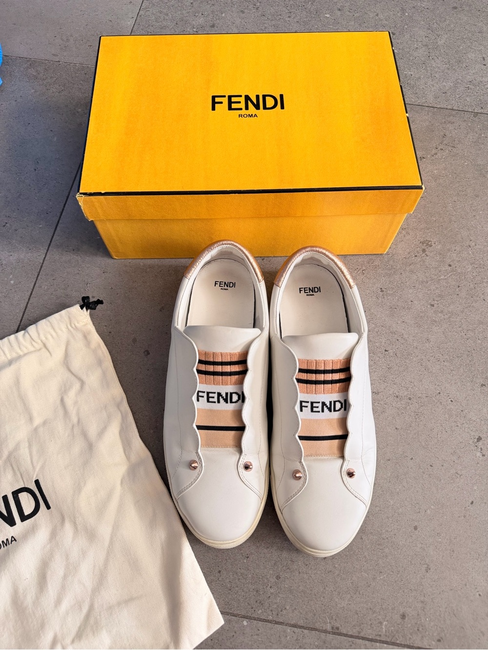 Fendi White Leather Slip-On Sneakers with Peach and Black Logo Sock Detail